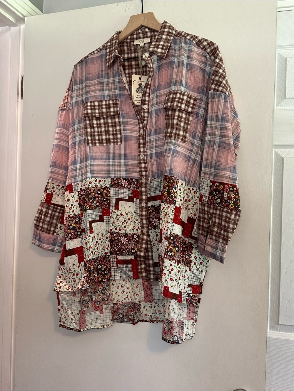 NWT EASEL Pink Patchwork Oversized Floral Plaid Button Up Boho Top Tunic Small